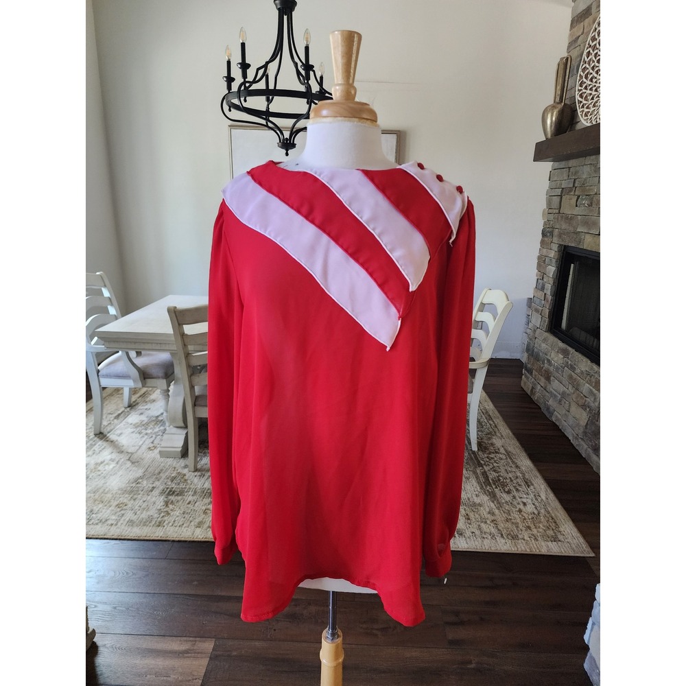 Vintage 80s Innovations Red White Striped Bib Blouse 80s Long Sleeve Top USA